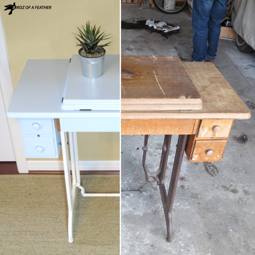 Upcycle a Singer sewing machine table into a desk. Learn how to repurpose and paint a Singer sewing table. | Birdz of a Feather | Singer sewing machine table | Singer sewing machine table repurposed | Singer sewing machine ideas | sewing table DIY | sewing table repurposed | Upcycled furniture | Painted furniture | Singer sewing machine table desk | #paintedfurniture #vintagefurniture #Singersewingmachine #sewingmachinetable #singersewingmachinerepurposed | BirdzofaFeather.ca
