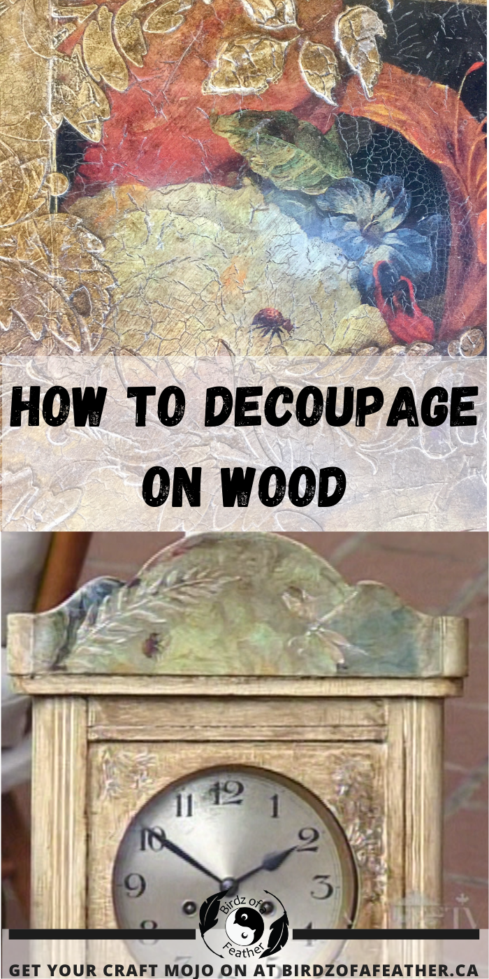 Pinnable pin for how to decoupage on wood showing decoupage clock and other decoupage elements