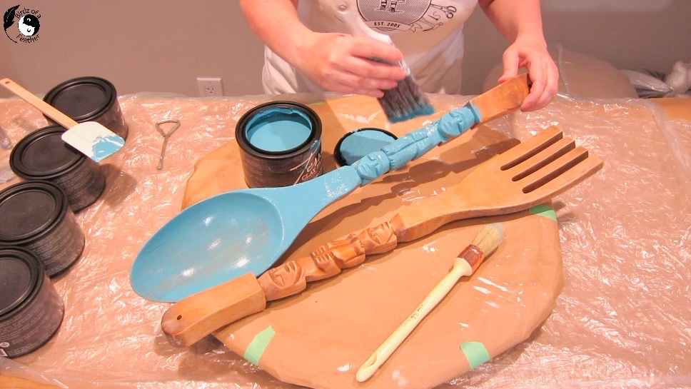 Brushing on first coat of cerulean blue clay paint