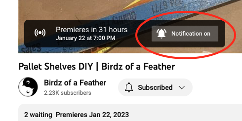 YouTube screenshot showing 'premieres in 31 hours' and 'notification on'. Beat the January blahs and watch our newest colourful upcycle