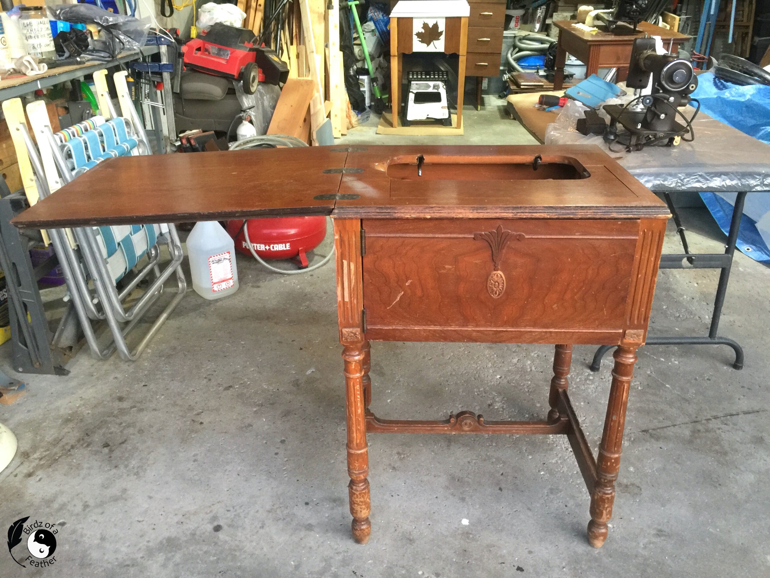 Original stained sewing table before How to Change Stain Color on the inside of the lids