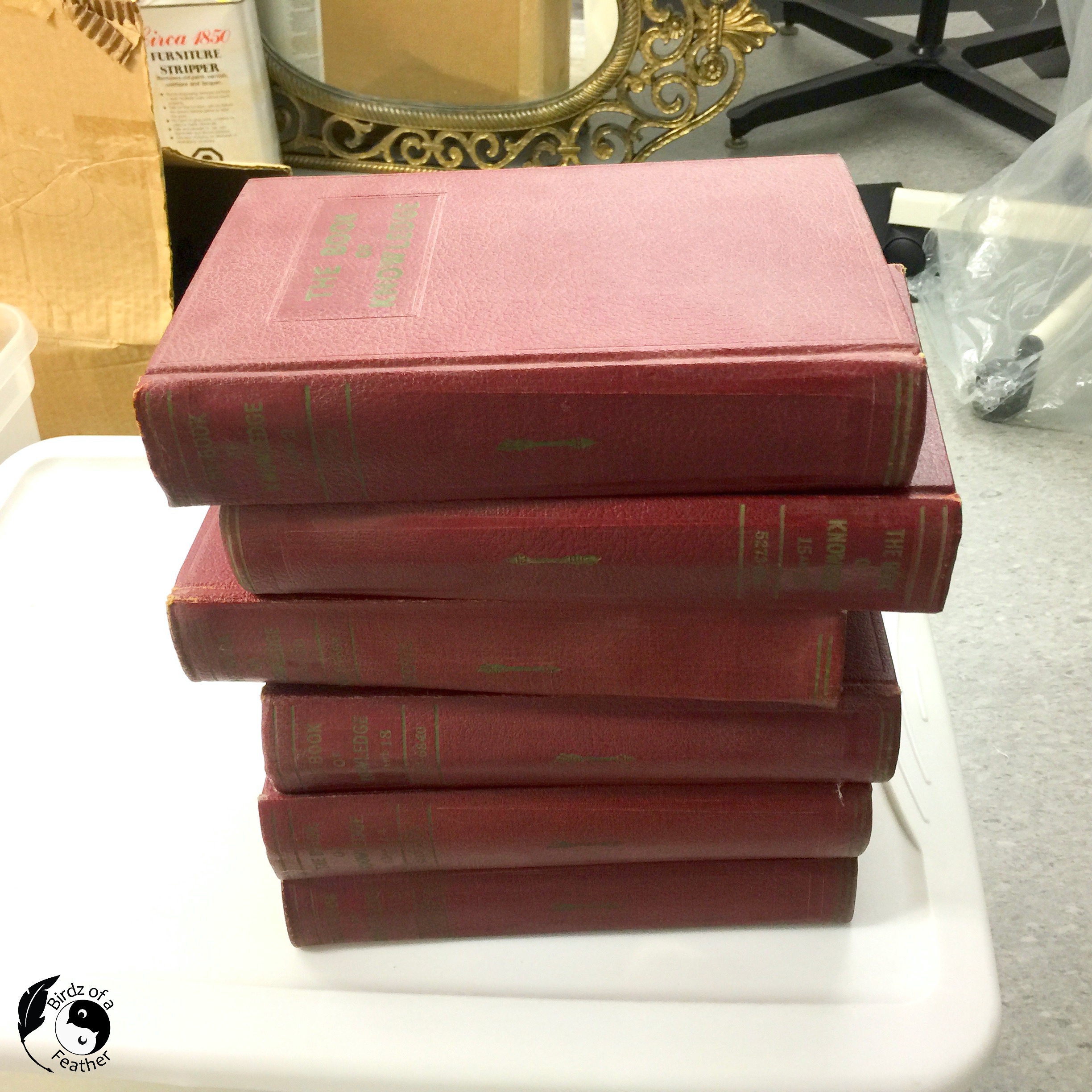 Stack of red books from The Book of Knowledge to make the ends and bottom of DIY bookends