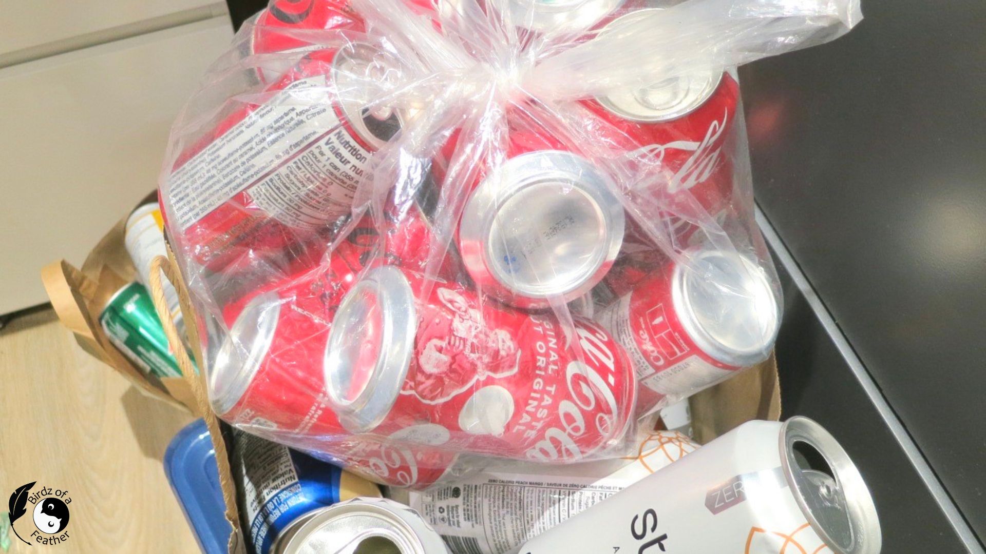 Bag of red soda cans