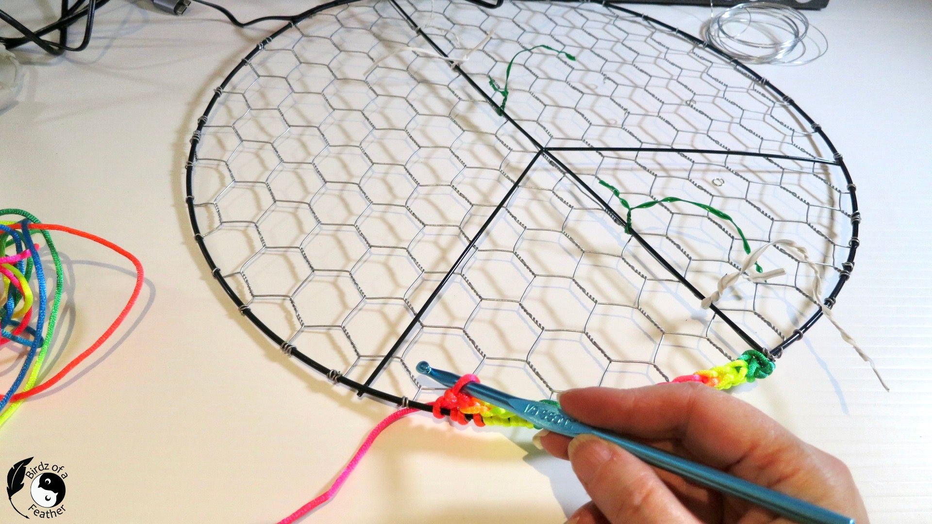 Crocheting around edge of suncatcher DIY with ombre rattail cord