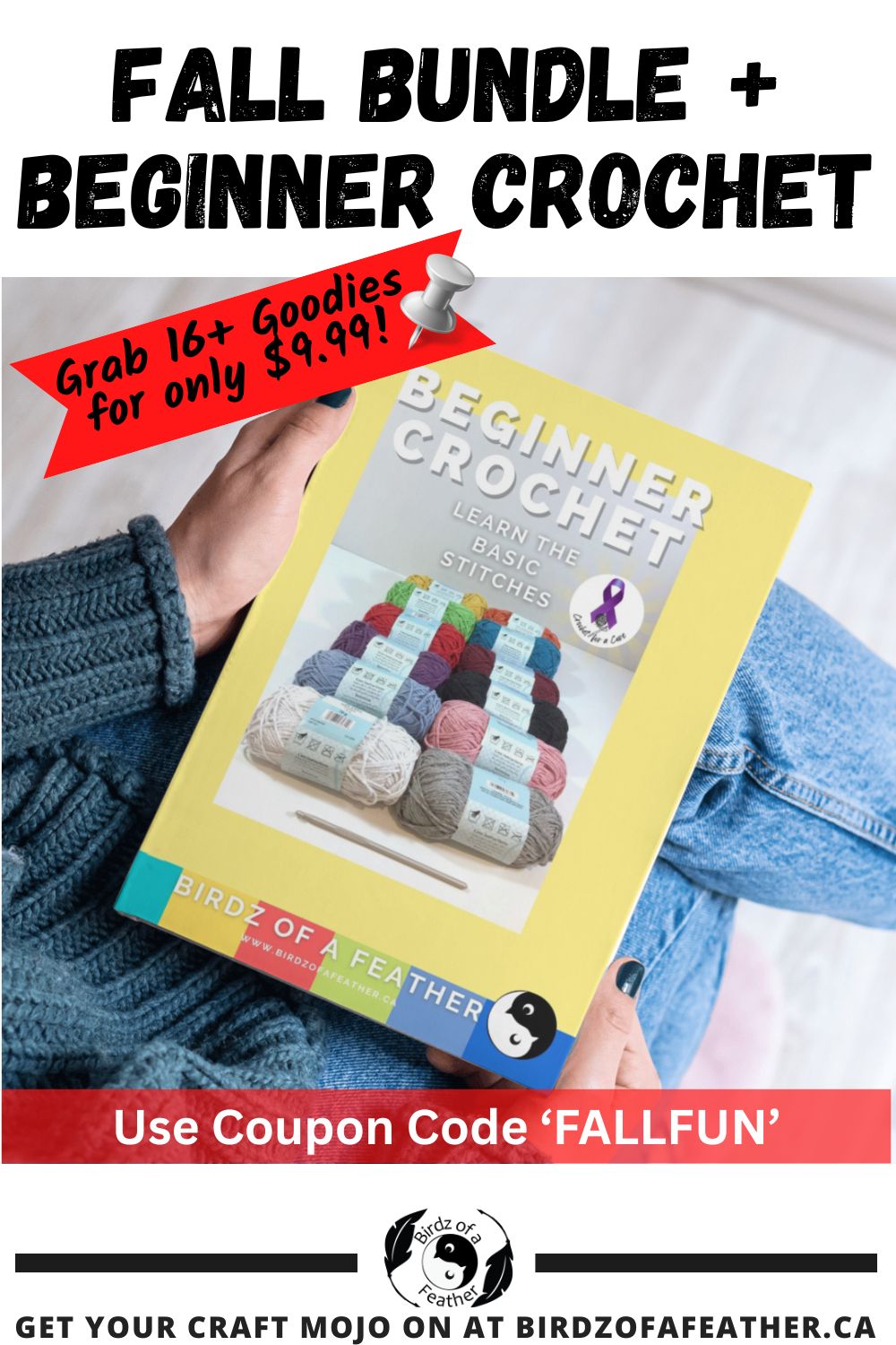 Pinnable image for beginner crochet, and fall bundle offer